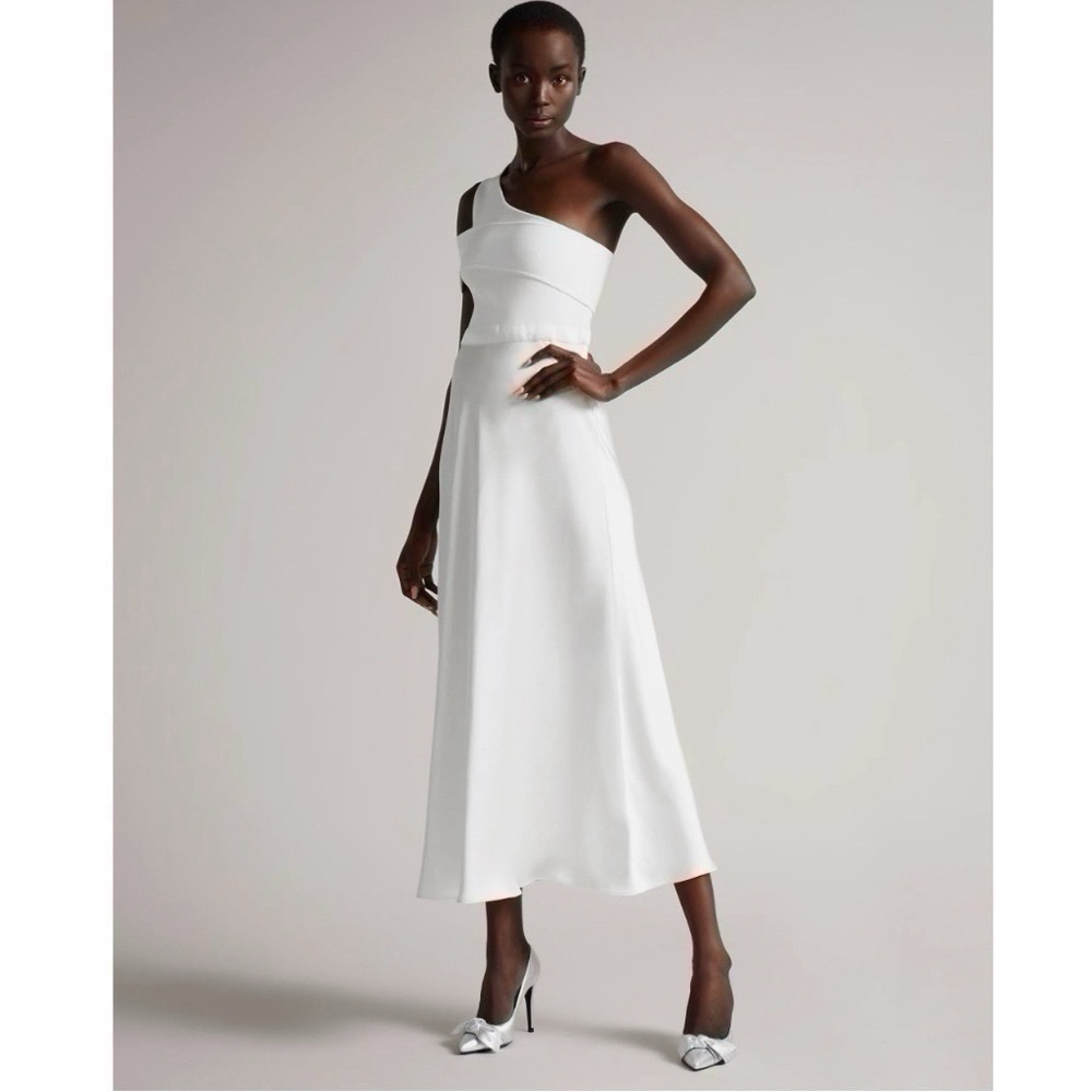 Ted Baker Ivena Asymmetric Knit Bodice Dress With White Satin Skirt